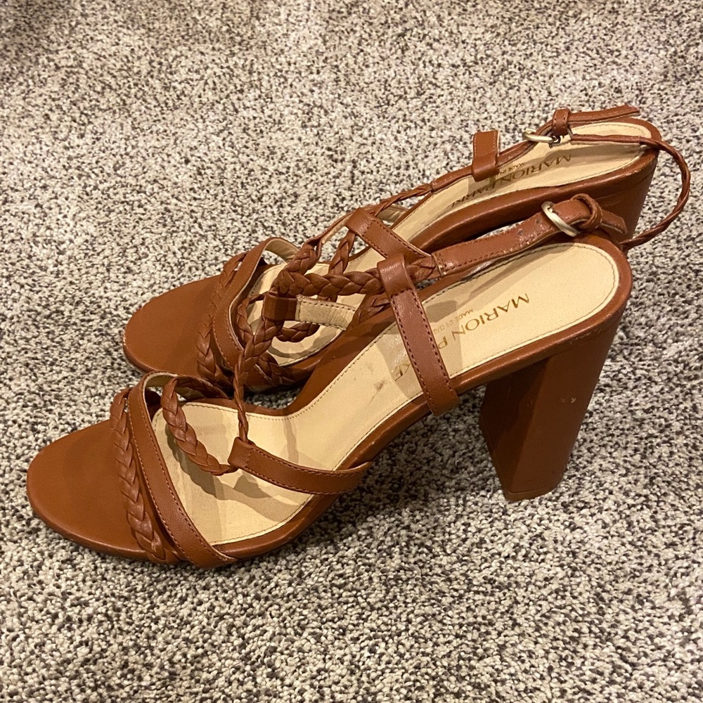 8.5 Marion Parke Brown Heeled leather braided strappy Sandals